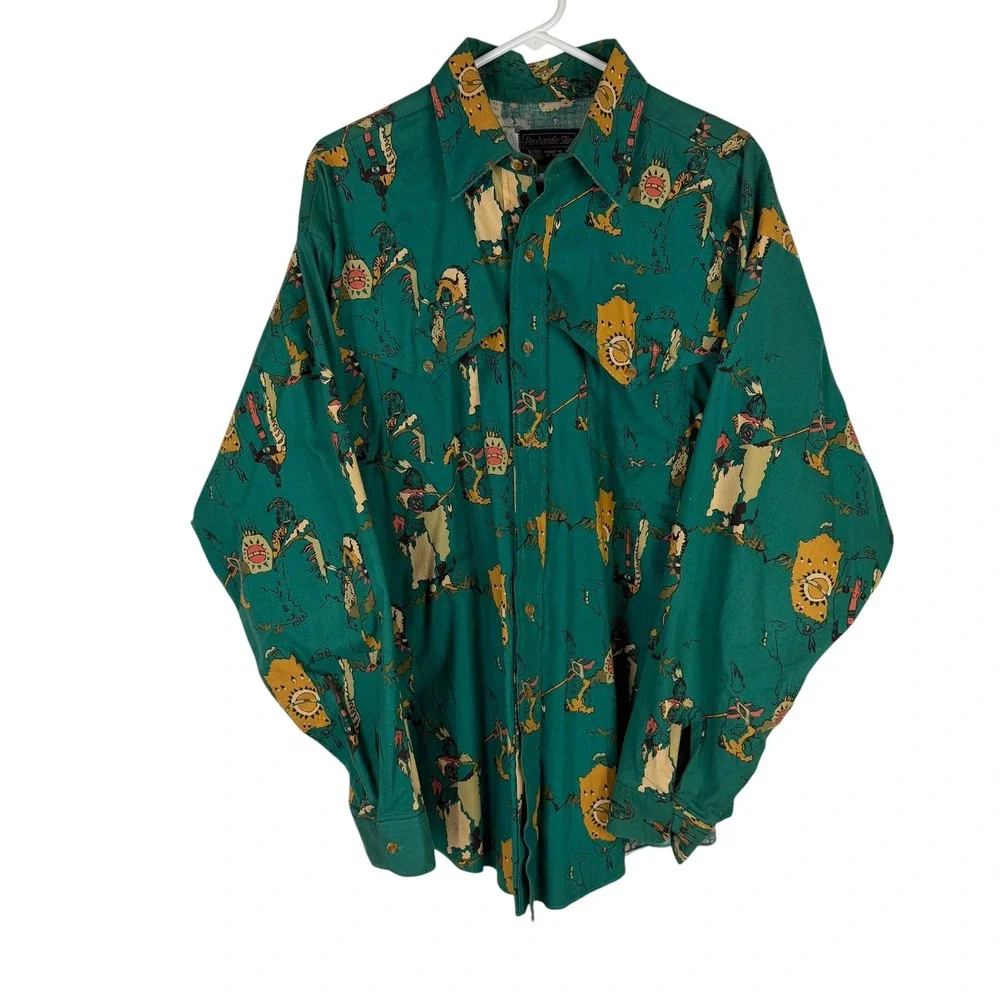 Panhandle Slim Men's Large Green Indigenous Warrior Print Western Shirt Made USA - Picture 6 of 10